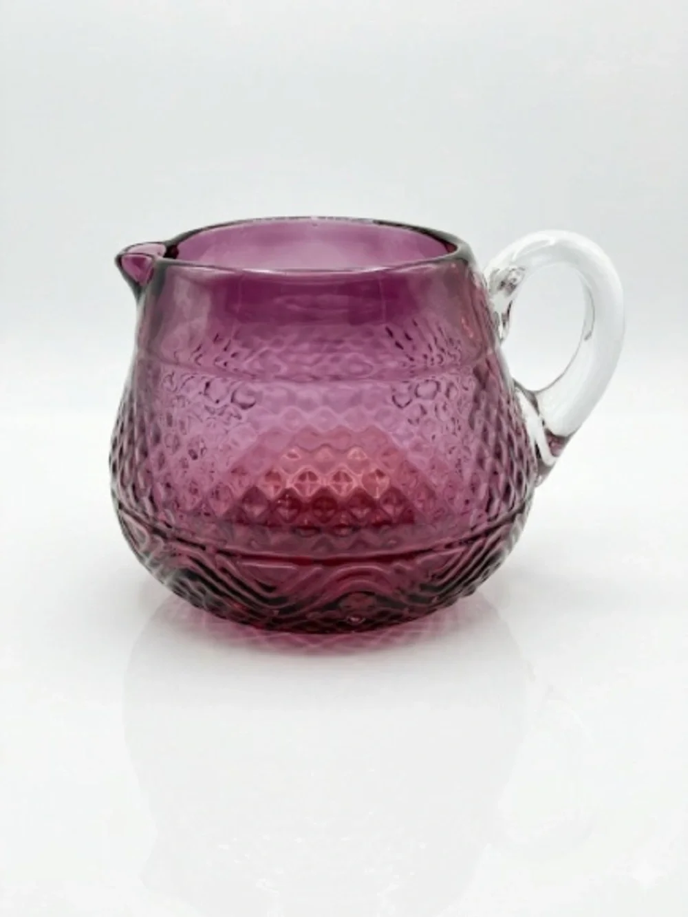 Vintage Cranberry Glass Creamer Mini Pitcher Diamond Quilted Pattern Pontil Mark